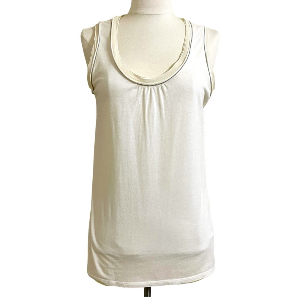J JILL Women’s Cream Dressy Tank Chiffon & Metallic Trim Small